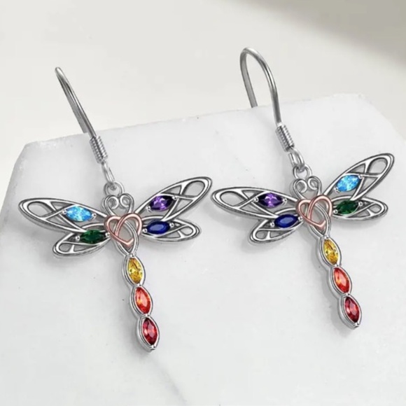 NWT Simply Beautiful Rainbow Faux Gemstone Dragonfly Pierced Dangle Earrings! - Picture 1 of 4